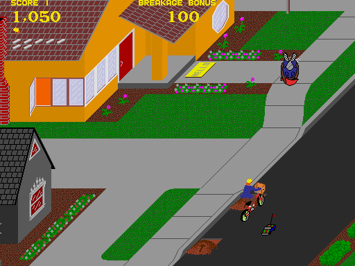 Paperboy Arcade Screenshot: This guy break dancing provides a target that earns bonus points.