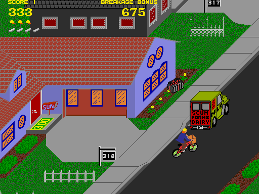 Paperboy Arcade Screenshot: Tougher levels have more obstacles.