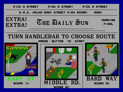Paperboy Arcade Screenshot: Game start; choose a skill level.