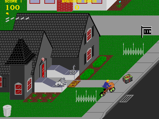 Paperboy Arcade Screenshot: Non-customer houses are colored grey.