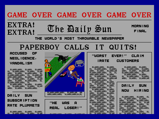 Paperboy Arcade Screenshot: Game over.