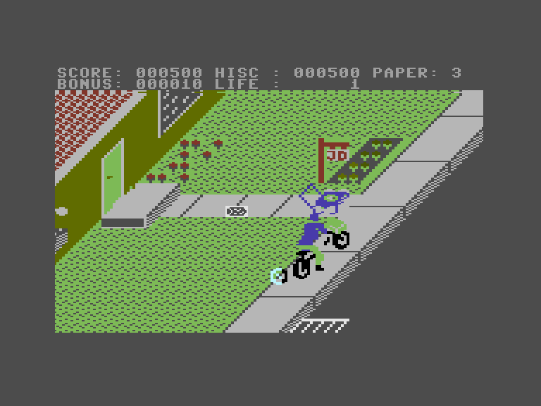 Paperboy Commodore 16 & Plus/4 Screenshot: Careful, don't crash!