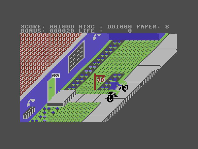 Paperboy Commodore 16 & Plus/4 Screenshot: Blue houses are customers; but I missed a delivery!