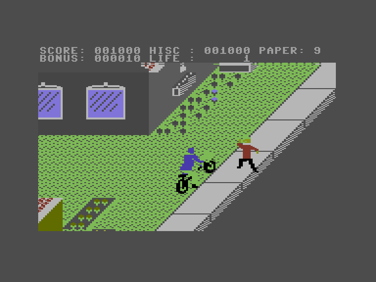 Paperboy Commodore 16 & Plus/4 Screenshot: Avoid the guy dancing on the sidewalk, he won't move out of the way.
