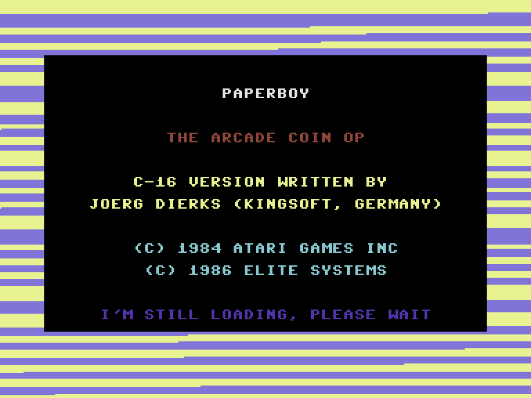 Paperboy Commodore 16 & Plus/4 Screenshot: Loading screen.