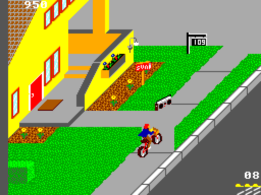 Paperboy Sega Master System Screenshot: Throw a newspaper in the mailbox to keep this customer.