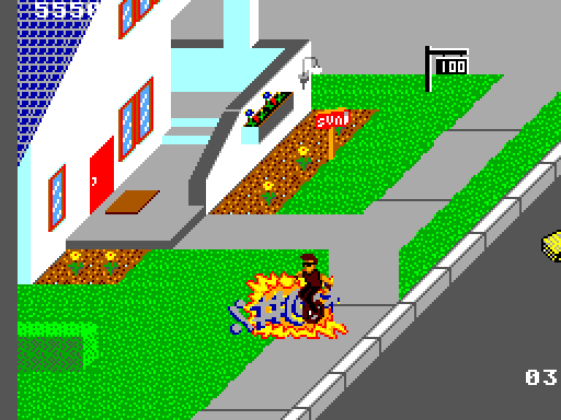 Paperboy Sega Master System Screenshot: Smack! I ran into an obstacle...