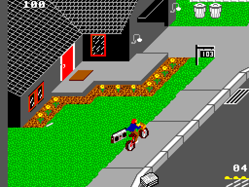 Paperboy Sega Master System Screenshot: Dark colored houses are not customers; destroy them for bonus points!