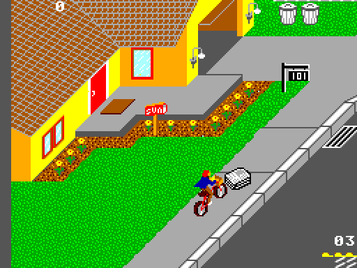 Paperboy Sega Master System Screenshot: Pick up newspaper bundles to replenish your supply.