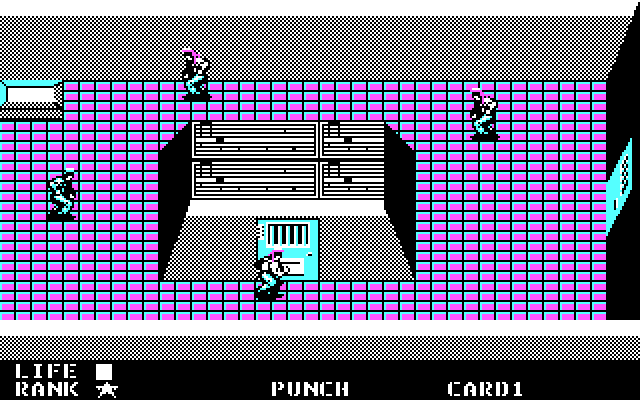 Metal Gear IBM PC/Compatibles Screenshot: This area is well guarded! Plus, I'll need a key for those doors...