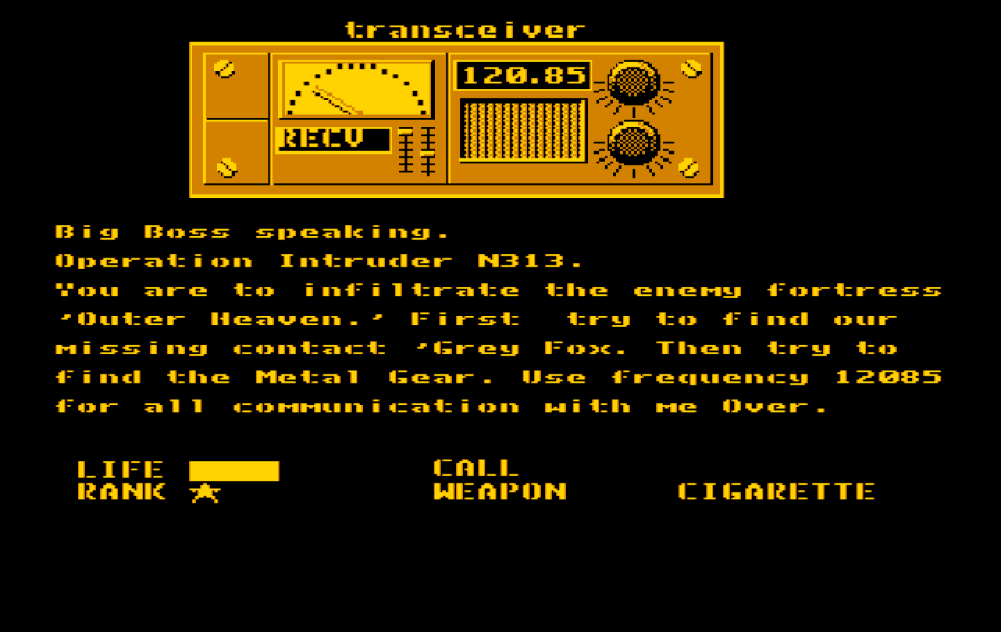 Metal Gear IBM PC/Compatibles Screenshot: The transceiver provides some more information...