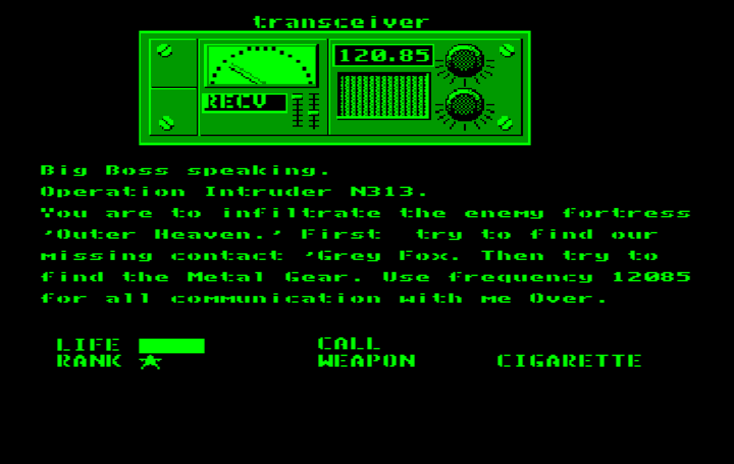 Metal Gear IBM PC/Compatibles Screenshot: The transceiver provides some more information...