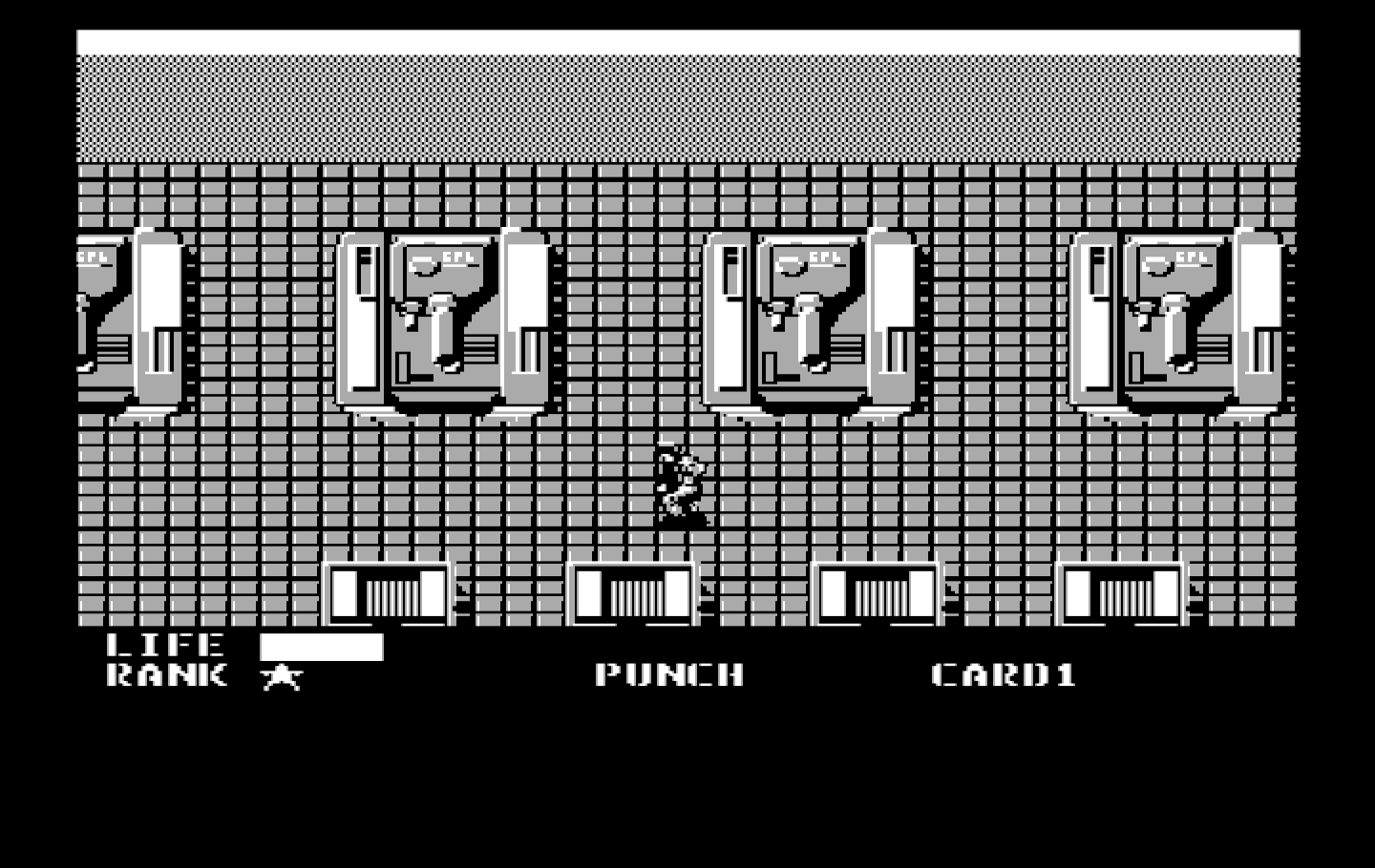 Metal Gear IBM PC/Compatibles Screenshot: Exploring a long corridor full of tanks...