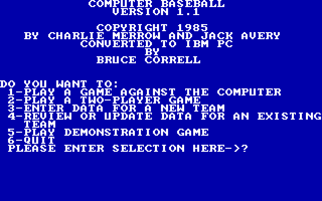 Computer Baseball IBM PC/Compatibles Screenshot: The main menu.