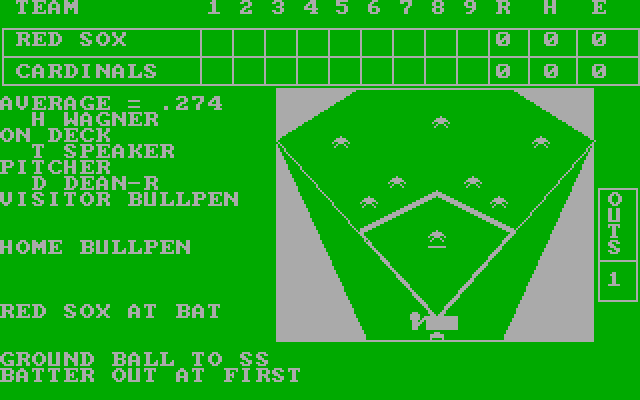 Computer Baseball IBM PC/Compatibles Screenshot: Batter out at first.