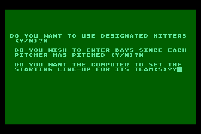 Computer Baseball Atari 8-bit Screenshot: Some additional game options that can be set.
