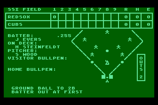 Computer Baseball Atari 8-bit Screenshot: Batter out at first...