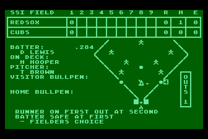 Computer Baseball Atari 8-bit Screenshot: Runner on first out at second...
