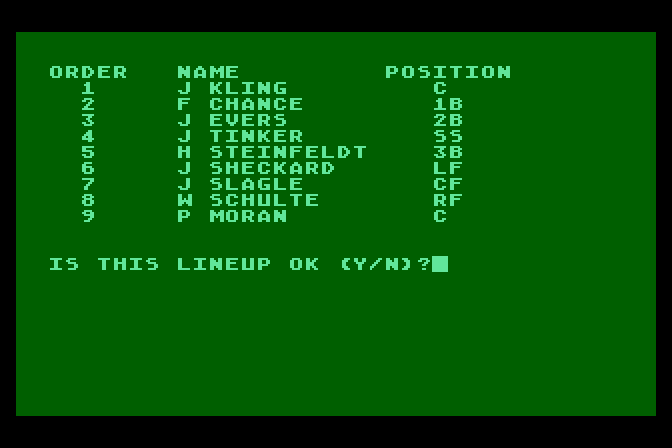 Computer Baseball Atari 8-bit Screenshot: Is this lineup ok?