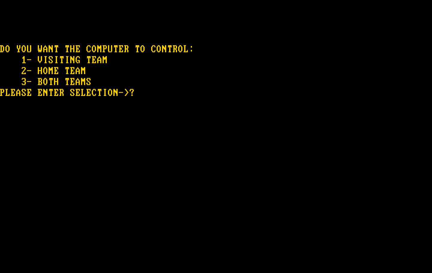 Computer Baseball IBM PC/Compatibles Screenshot: What do you want the computer to control...?