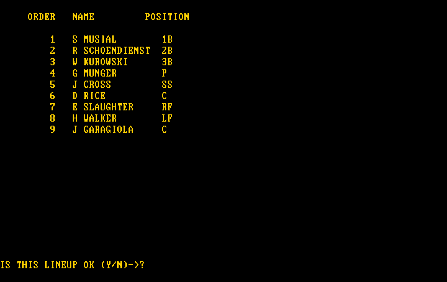 Computer Baseball IBM PC/Compatibles Screenshot: Is this lineup ok?