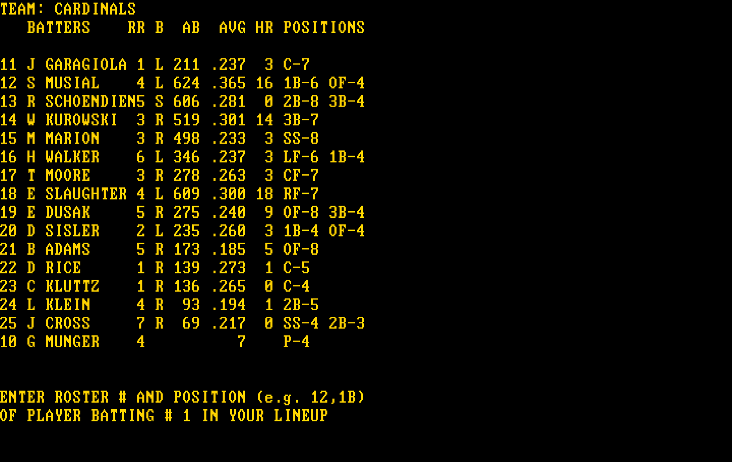 Computer Baseball IBM PC/Compatibles Screenshot: Setting the batting order.