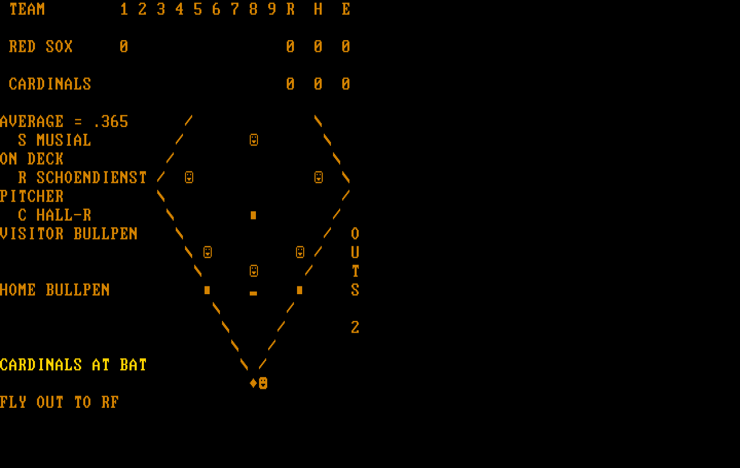 Computer Baseball IBM PC/Compatibles Screenshot: Fly out at left field...