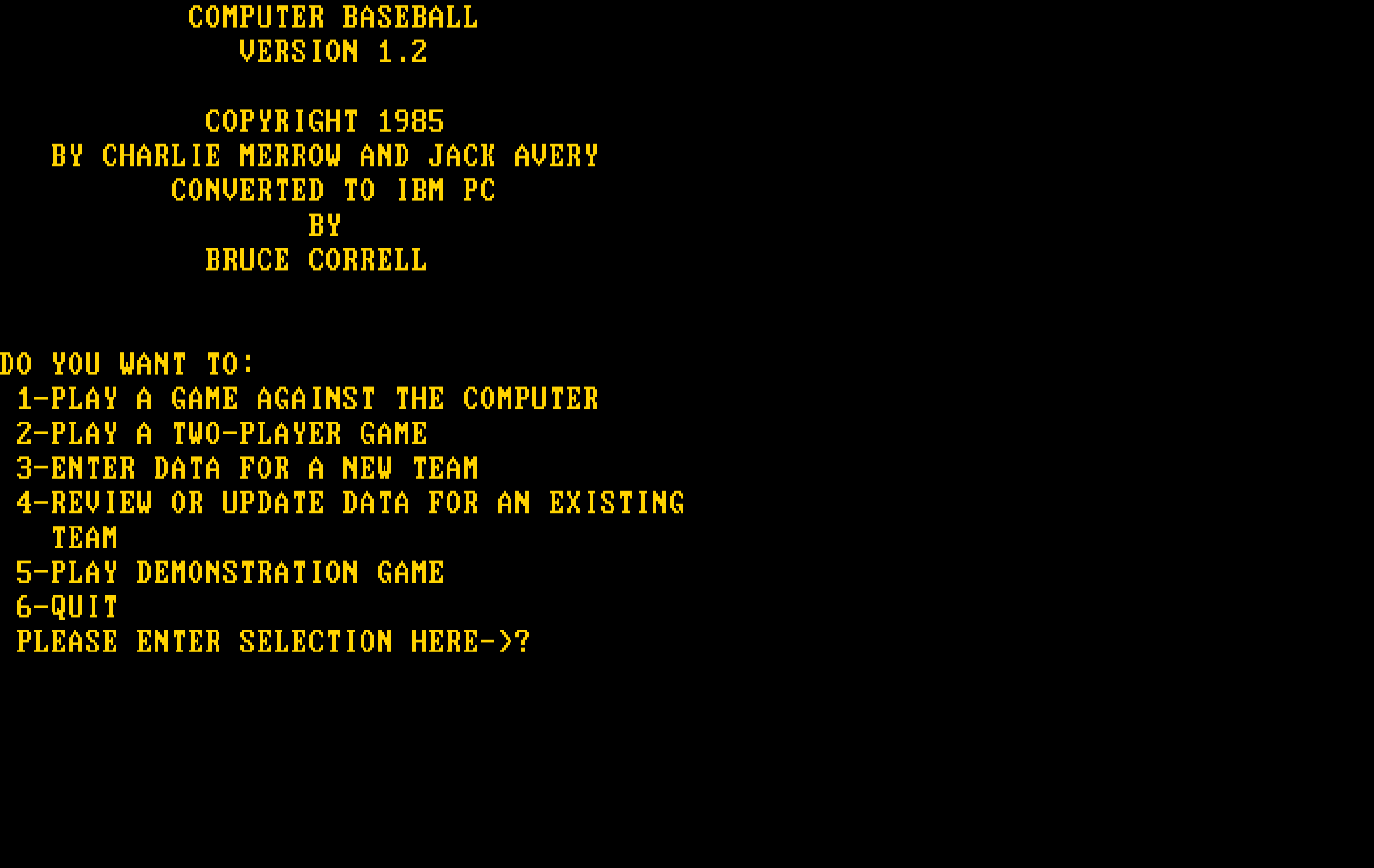 Computer Baseball IBM PC/Compatibles Screenshot: Title screen.