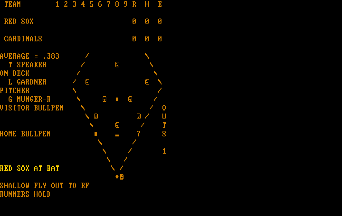 Computer Baseball IBM PC/Compatibles Screenshot: Shallow fly out, runners hold...