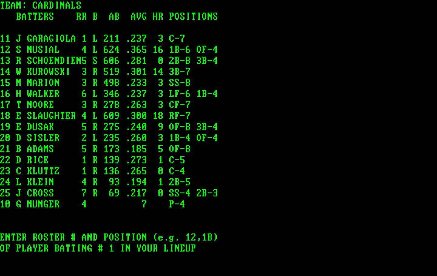 Computer Baseball IBM PC/Compatibles Screenshot: Setting the batting order.