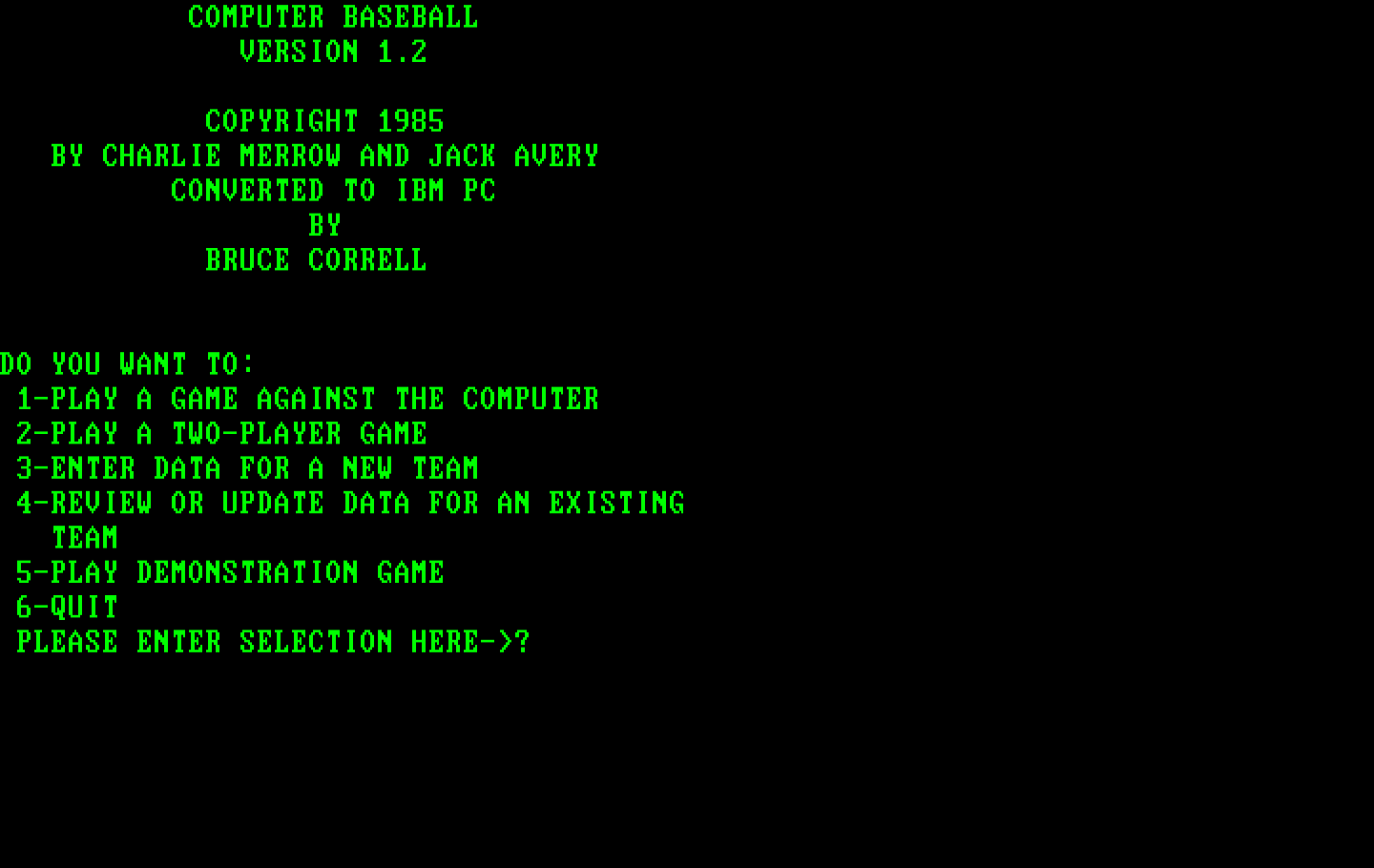 Computer Baseball IBM PC/Compatibles Screenshot: Title screen.