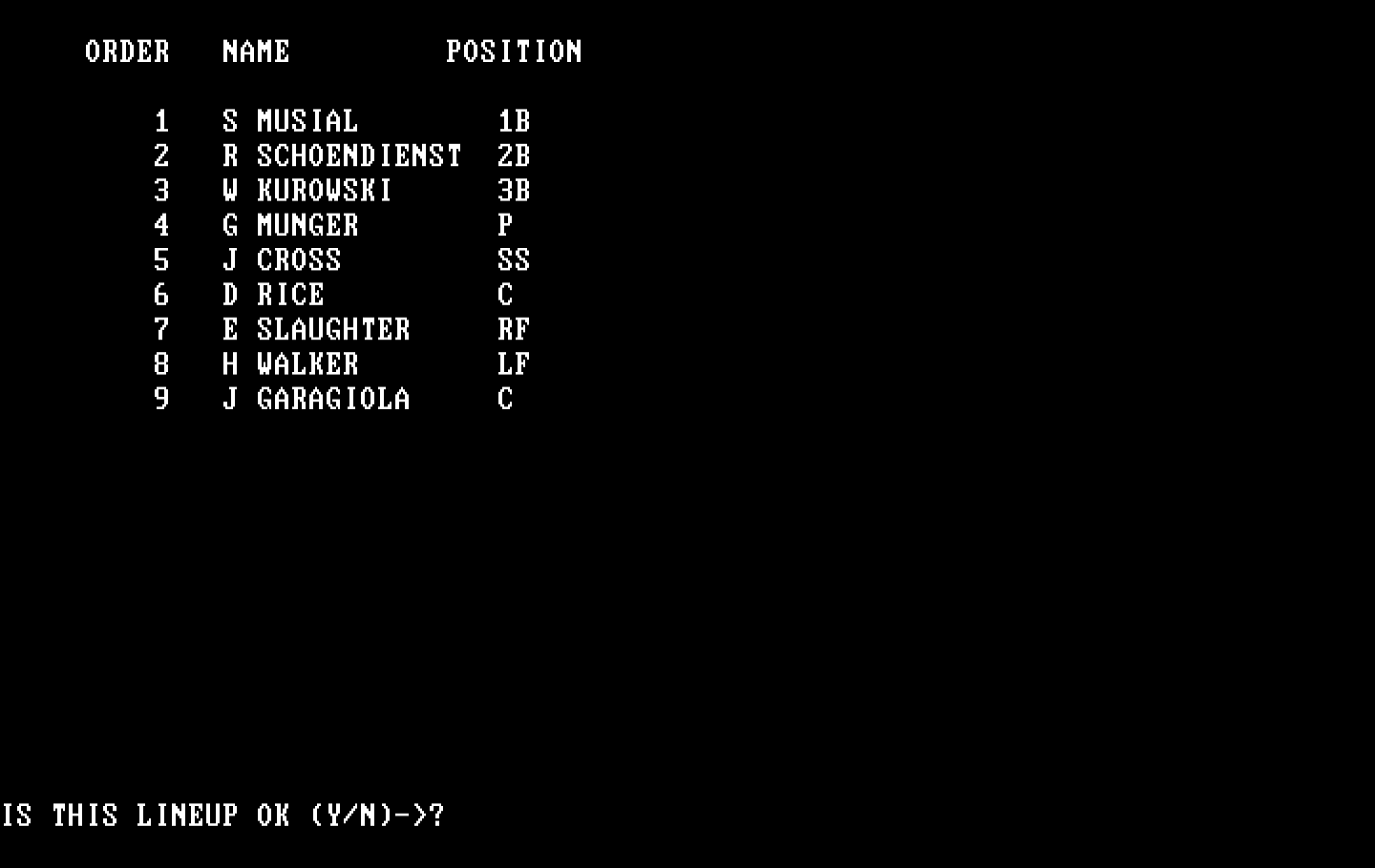 Computer Baseball IBM PC/Compatibles Screenshot: Is this lineup ok?
