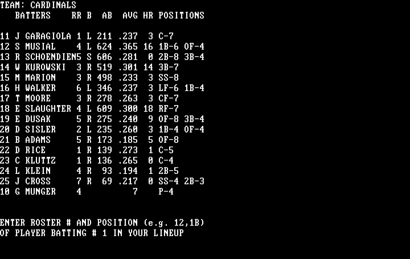 Computer Baseball IBM PC/Compatibles Screenshot: Setting the batting order.