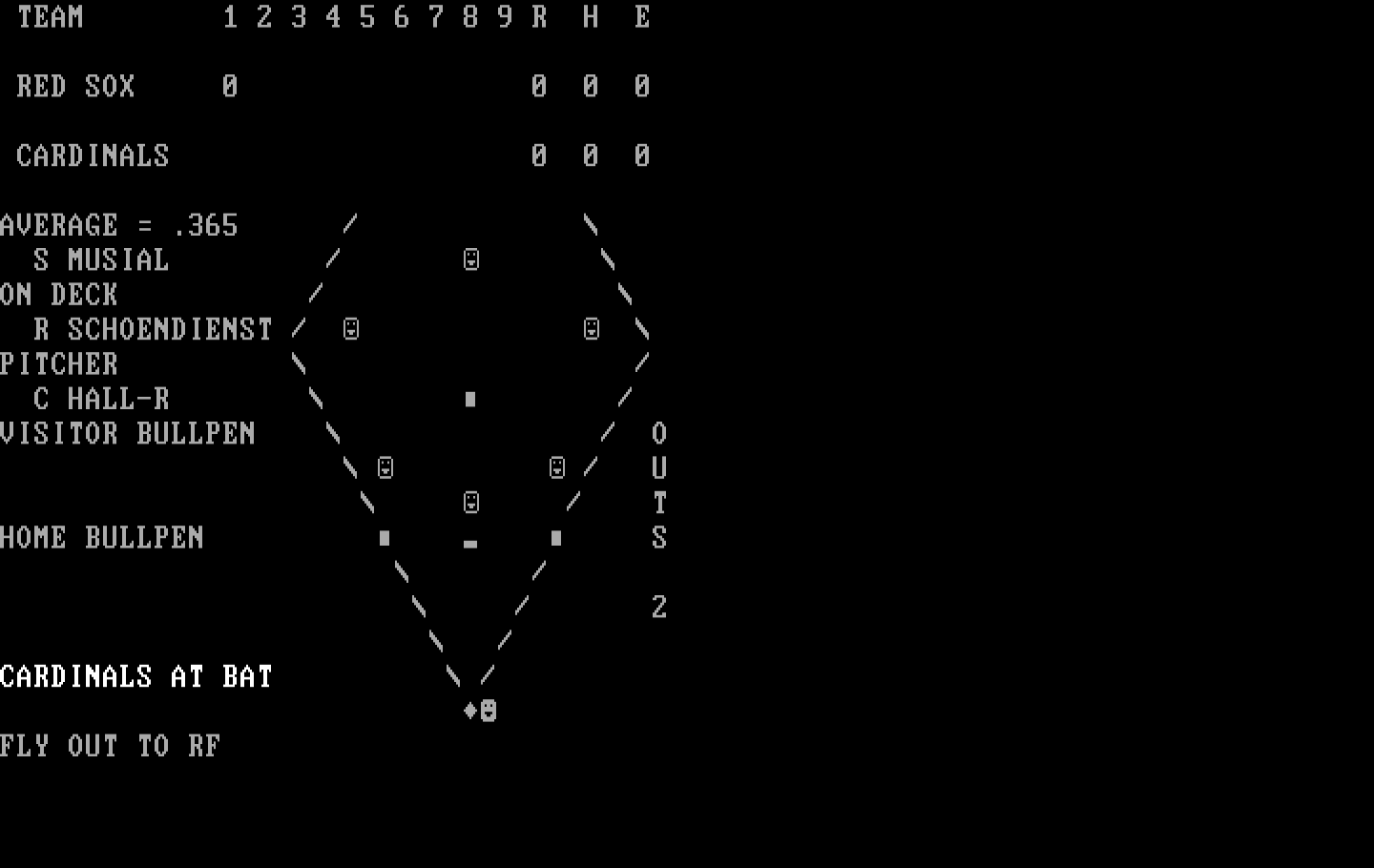 Computer Baseball IBM PC/Compatibles Screenshot: Fly out at left field...