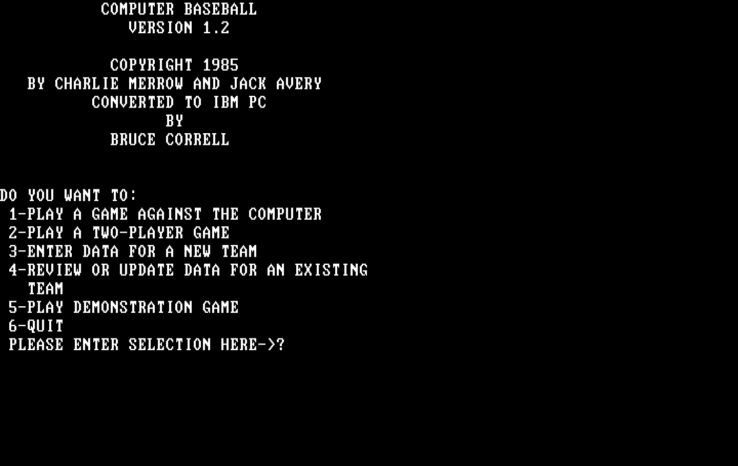 Computer Baseball IBM PC/Compatibles Screenshot: Title screen.