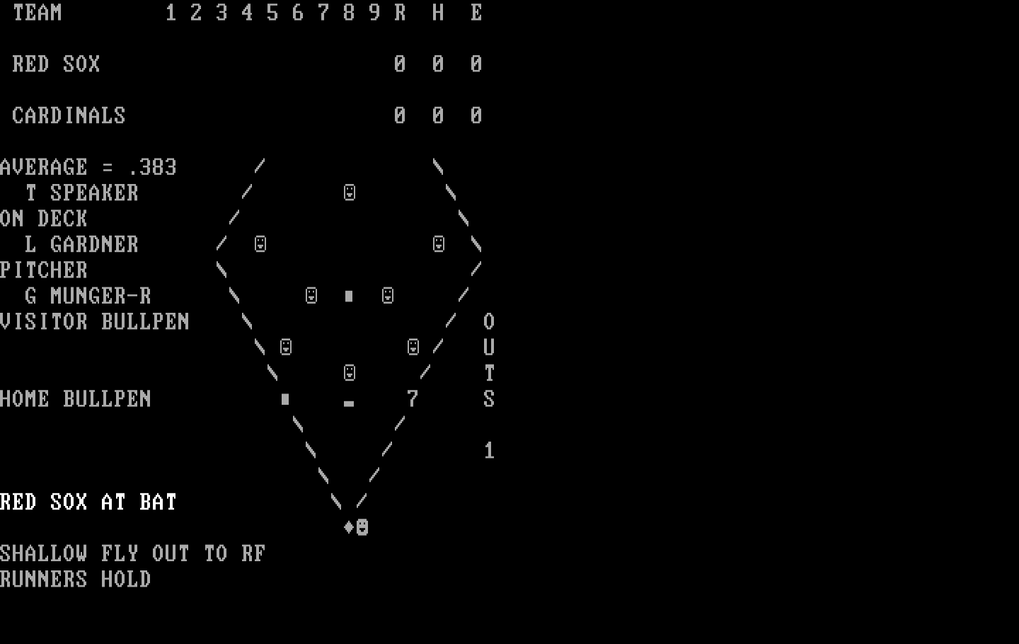 Computer Baseball IBM PC/Compatibles Screenshot: Shallow fly out, runners hold...