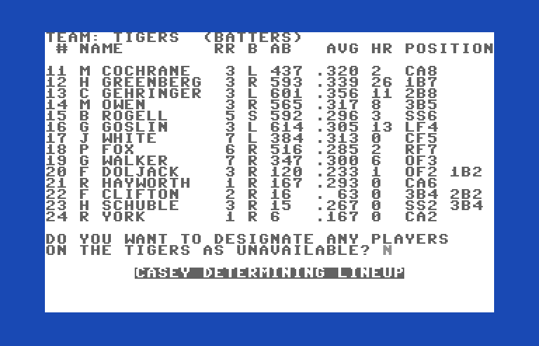 Computer Baseball Commodore 64 Screenshot: Casey is determining the computer's lineup...