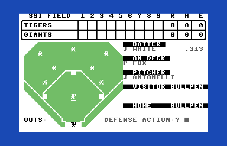 Computer Baseball Commodore 64 Screenshot: Play ball! The game begins...