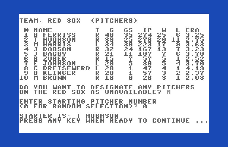 Computer Baseball Commodore 64 Screenshot: Pitcher setup...