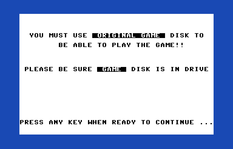 Computer Baseball Commodore 64 Screenshot: Be sure to use your original disk!