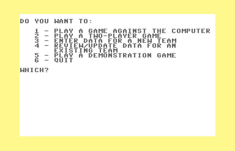 Computer Baseball Commodore 64 Screenshot: Main menu.