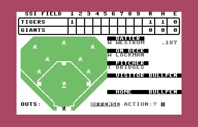 Computer Baseball Commodore 64 Screenshot: The next inning...select an offense action...