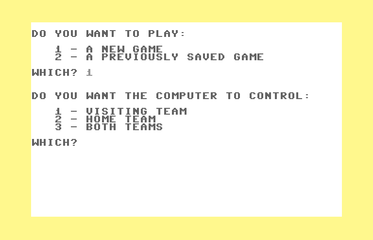Computer Baseball Commodore 64 Screenshot: Setting a few game options.
