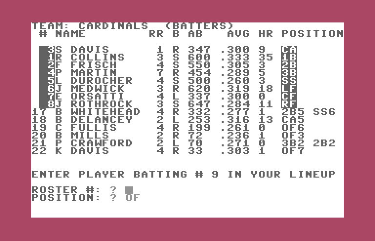 Computer Baseball Commodore 64 Screenshot: Creating a lineup...