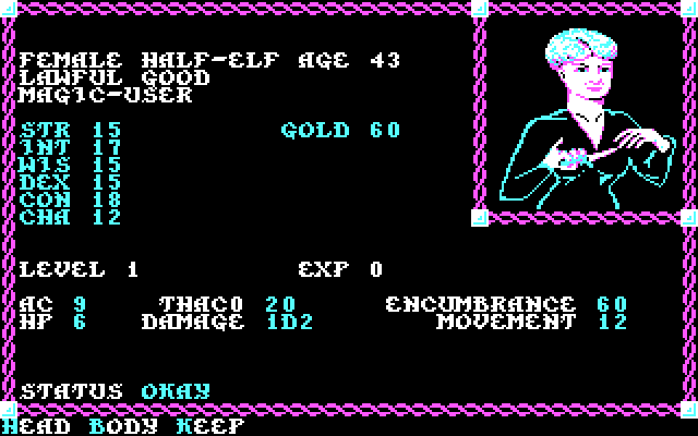 Pool of Radiance IBM PC/Compatibles Screenshot: Creating a female half-elf.