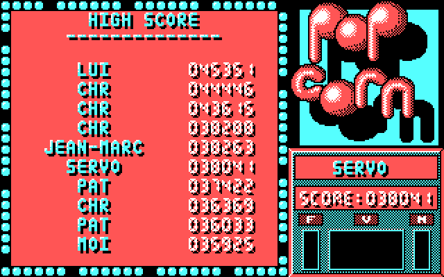 Popcorn IBM PC/Compatibles Screenshot: High scores.