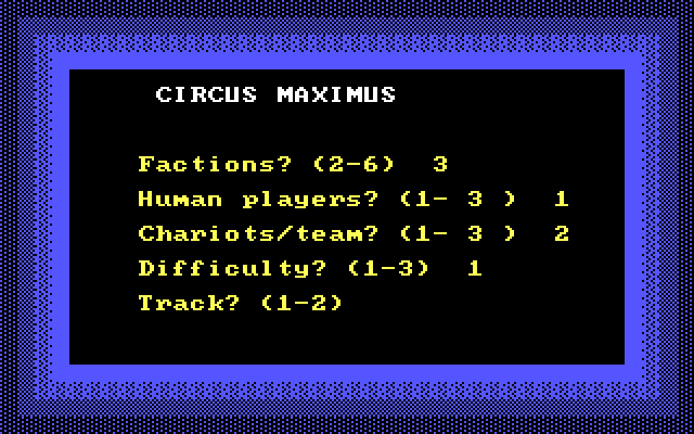 Computer Circus Maximus IBM PC/Compatibles Screenshot: Setting up options for a new game.