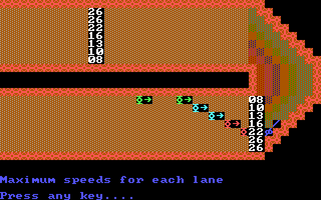 Computer Circus Maximus IBM PC/Compatibles Screenshot: Viewing the safe speeds for each lane.