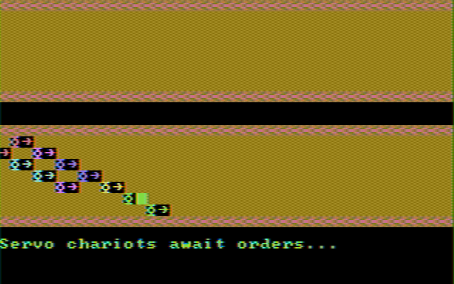 Computer Circus Maximus IBM PC/Compatibles Screenshot: Awaiting orders on a team race on track 2.