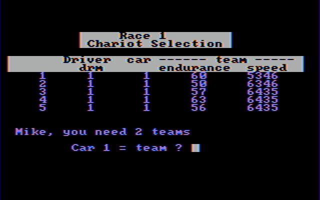 Computer Circus Maximus IBM PC/Compatibles Screenshot: Race 1, set up the teams!